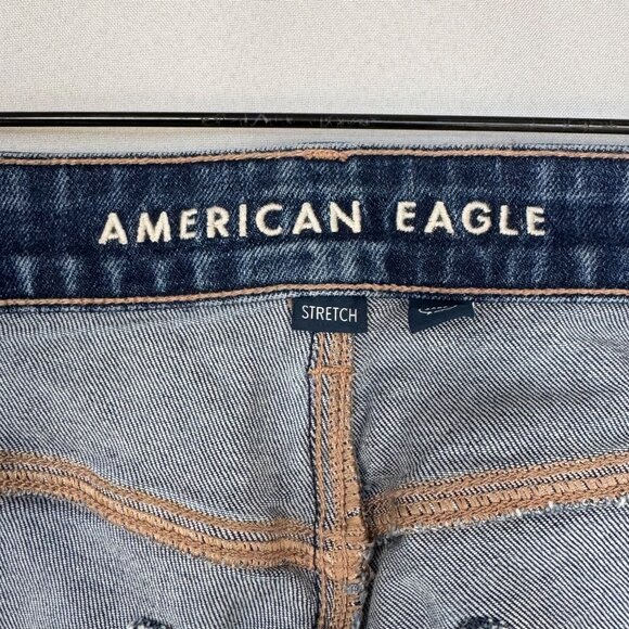 AE Stretch Low-Rise Baggy Wide-Leg Raw Hem Med Blue Denim Jeans Size 12 Long - Picture 11 of 15